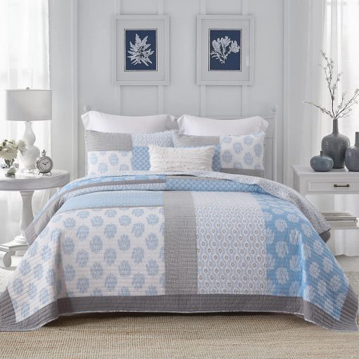 Juego de Colcha PANGUSHAN tamaño Queen, Juego de Cama de Algodon 100%, Colcha Reversible de Patchwork Floral para Cama Queen, Colcha Ligera en Azul Claro/Gris, Edredon Ligero para Todas las Estaciones, 3 Piezas