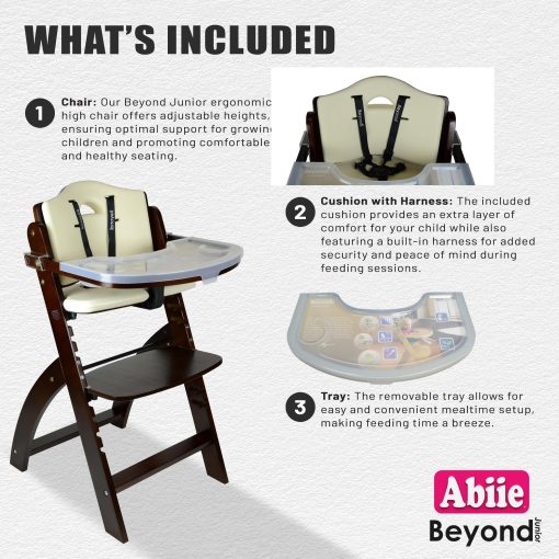 Silla alta de madera Abiie Beyond Junior con bandeja. La solucion perfecta de silla alta ajustable para tus bebes y ninos pequenos o como silla de comedor. 6 meses hasta 250 lb. Madera de caoba / Cojin de crema - Imagen 3