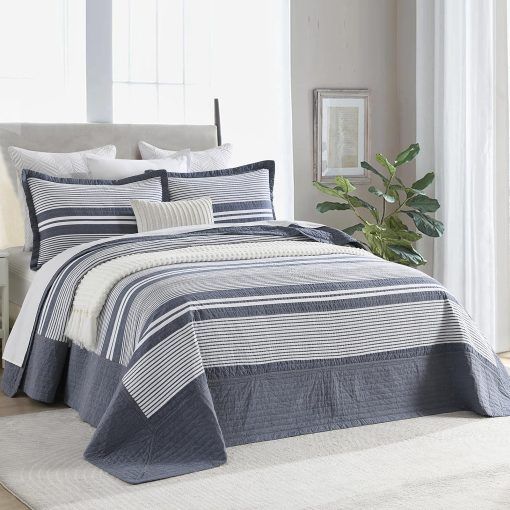 Colcha de cama extra grande king size Finlonte 100% algodon 120"x120", juego de colcha extra grande acolchado para cama California King, set de colcha moderna de rayas XL, edredon ligero azul piedra/blanco, 3 piezas