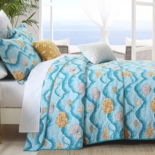 Juego de colcha Queen Finlonte, colcha Queen de algodon ligero, diseno costero azul colchas tamano Queen, juego de ropa de cama de colcha Queen suave y transpirable para todas las estaciones, 3 piezas - Imagen 3