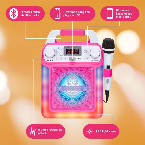 Maquina de Karaoke Portatil para Adultos y Ninos - Altavoz Incorporado, Bluetooth, Luces LED, Microfono con Cable - Con Efectos de Cambio de Voz - Imagen 3