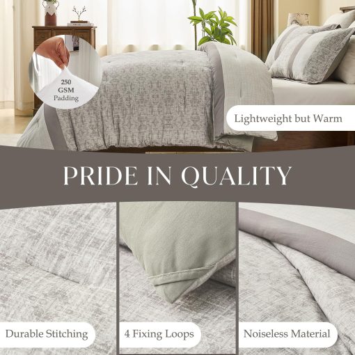 Juego de Edredon PlushVibes Queen a Rayas - 100% Algodon Cepillado Marron Gris Ligero de 3 Piezas Tamaño Queen, Juego de Ropa de Cama Reversible Moderno Impreso de 300TC con 2 Fundas de Almohadas, Todo-estacion 90"x90" - Imagen 5