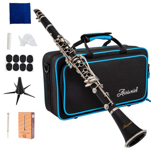 Clarinete en Si Bemol Aisiweier Negro de Ebonita Para Estudiantes Principiantes, Con Llaves Niqueladas, Correa, Grasa para Juntas, Guantes Blancos, Pano de Pulido Suave, 8 Almohadillas para Boquilla, Clarinetes Duros