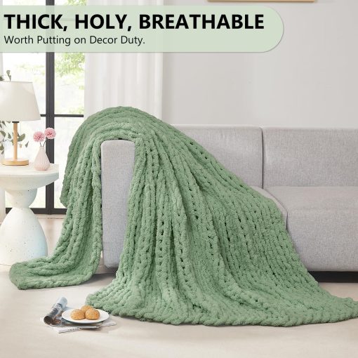 Manta de Punto Grueso L'AGRATY: 80''x90'' Manta de Punto Grueso de Chenille para Cama Sofa - Manta de Punto Grueso Hecha a Mano - Gran Manta de Ganchillo Gruesa para Decoracion del Hogar (Verde Salvia) - Imagen 5