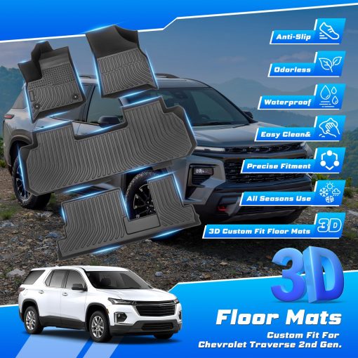 Tapetes para Piso Sunsdrew para Chevrolet Chevy Traverse 2018-2023 2024 de 8 Asientos Accesorios Todo Clima Protectores de Piso de 3 Filas Juego de Tapetes de TPE Alfombras de Proteccion Impermeables/Duraderas/Inodoras Negro - Imagen 6