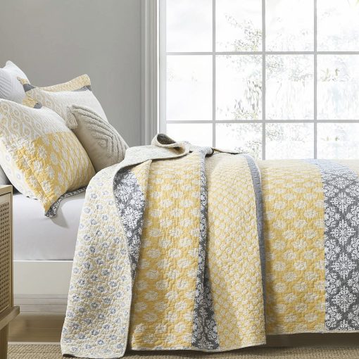 Juego de Colchas King Size SahSahCasa, Colcha King, 100% Algodon, Colcha Floral King, Juego de Ropa de Cama de Colcha, Colcha Reversible de Retazos Ligera para Todas las Estaciones, Amarillo/Gris, 3 Piezas - Imagen 3