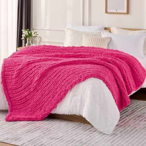 Manta de Punto Grueso L'AGRATY: 60''x80'' Manta de Punto Grueso de Chenilla para Cama Sofa - Manta de Punto Grueso Grande Hecha a Mano - Manta de Cable de Ganchillo Grande para Decoracion del Hogar (Rosa Brillante)