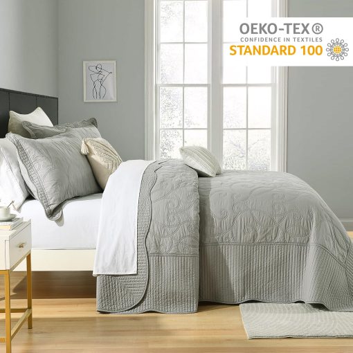 Colcha Queen Size Oversized Finlonte 120"x102" - 100% Algodon con Bordado en Enredadera, Colcha Acolchada Gris Solido, Conjunto de Colcha Extra Grande Suave para Cama Queen con 2 Fundas de Almohada - Imagen 3