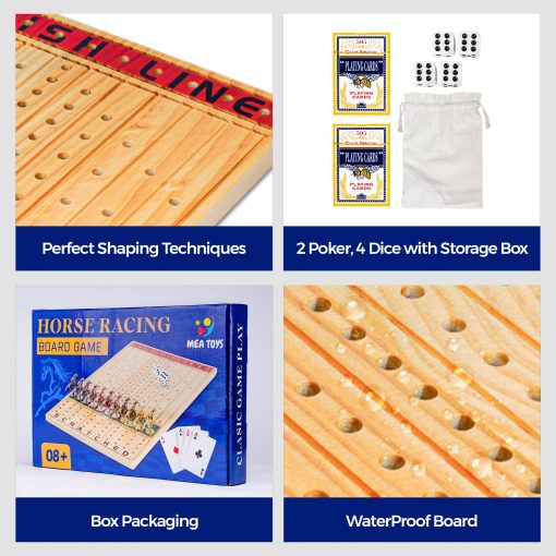 Juego de mesa de carreras de caballos MEA TOYS de 15.6 pulgadas, 13 caballos de metal, 4 dados, 2 cajas de cartas, emocionante juego de carreras de caballos para 11 jugadores con madera maciza, facil de jugar, ideal para edades 8+ para disfrutar en familia y con amigos - Imagen 4
