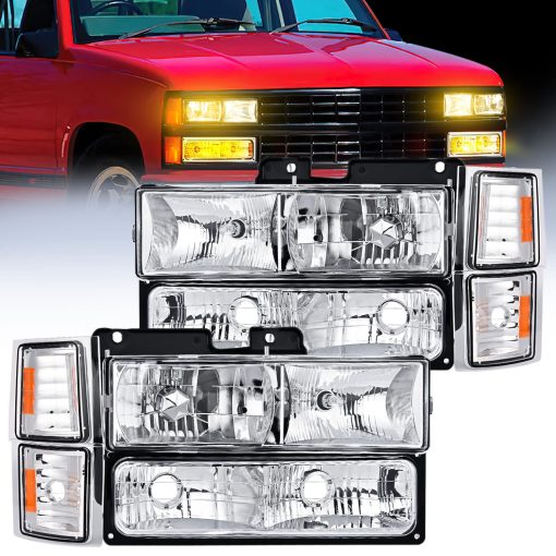 Conjunto de faros Nilight para 1994 1995 1996 1997 1998 GMC Suburban Yukon Sierra C/K Series 1500 2500 3500 Carcasa Cromada con Reflector ambar Lampara de Esquina del Parachoques, Garantia de 2 Anos