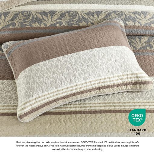 Colcha King Oversized DDUOXIN 128" W x 120 L - Edredon California King 100% Algodon con 2 Fundas de Almohada, Juego de Colcha Reversible de Peso Ligero, Beige/Marron/Gris, 3 Piezas - Imagen 4