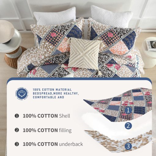 Colcha de Cama de Gran Tamano Finlonte 128"x120" - Colcha de Gran Tamano California King 100% Algodon, Colcha de Retazos de Granja, Colcha Reversible Ligera, Juego de Ropa de Cama, Cafe/Azul Marino - Imagen 7