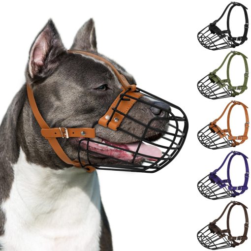 Bozal de metal transpirable para perros Pitbull con cesta para perros grandes Amstaff Staffordshire Terrier Mascara segura de alambre ajustable Correas de cuero duraderas para morder ladrar (Marron) - Imagen 5