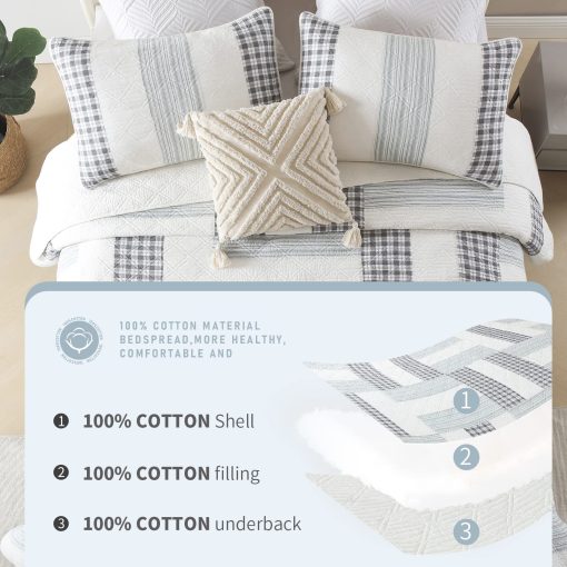 Colcha Queen Size Finlonte 100% Algodon Suave y Ligera Verdadero Patchwork Plaid Colcha Acolchada Conjunto de Ropa de Cama en Blanco Gris Negro 3 Piezas - Imagen 6