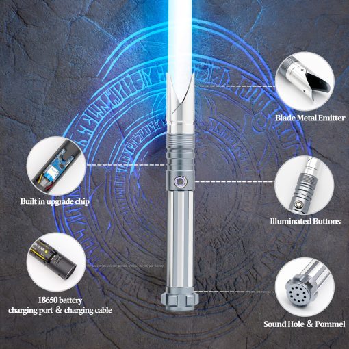 Sable de Luz Pesado para Adultos Duelo Suave Fx Lightsabers Recargable Metal Hilt 12 Colores 16 Sonidos Sables de Luz Fiesta de Halloween Accesorios de Cosplay (Gris) - Imagen 3