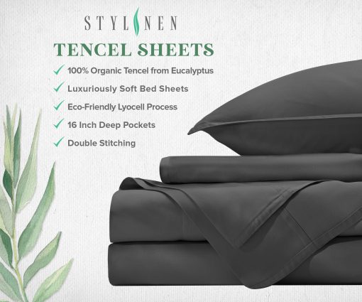 Juego de sabanas de cama Stylinen 100% Organicas de Eucalipto Tamaño Queen 4 Piezas, Lyocell de Tencel, Suaves y Sedosas, Transpirables, Bolsillos Profundos de 16 Pulgadas, 1 Ajustable, 1 Plana, 2 Fundas de Almohada (Queen, Carbon) - Imagen 4