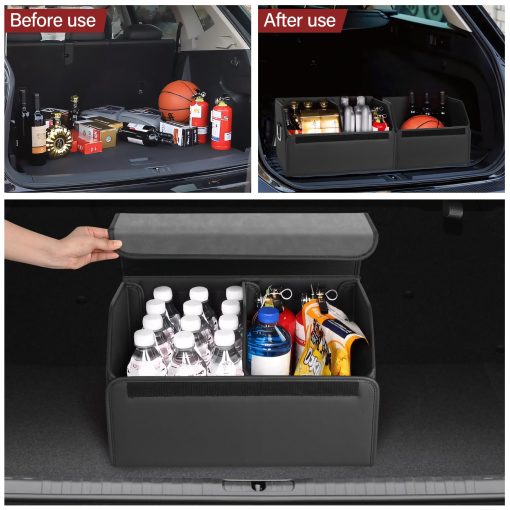 Organizador de maletero de cuero de gamuza JEYODA, Gran capacidad Organizadores de coche suave y plegable con tapa para coche SUV/Jeep/Sedan/Hogar/Camping (Gris, Pequeno) - Imagen 2