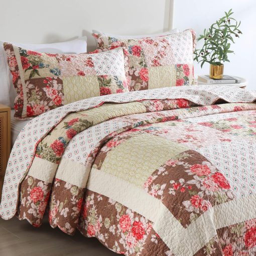 Juego de Edredon de Algodon Travan Real Patchwork de Lujo, Juego de Ropa de Cama de Rosas, Tamano King - Imagen 3