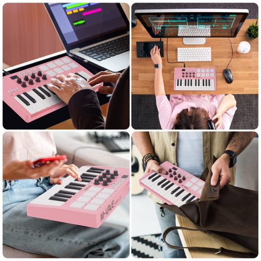 Controlador de Teclado MIDI USB de 25 Teclas M-WAVE con 8 Pads de Tambor Retroiluminados, Bluetooth, Teclado Profesional semipesado de 8 perillas y Produccion Musical, Software Incluido (Rosa) - Imagen 6