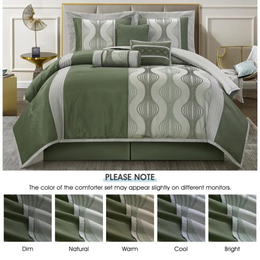Juego de Edredon para California King LANCO MODERN LIFESTYLE, Verde, 7 Piezas en una Bolsa, Suave Jacquard con Pieza Solida, Juego de Cama de Lujo con Edredones, Faldon de Cama, Fundas de Almohada y Cojines Decorativos - Imagen 3