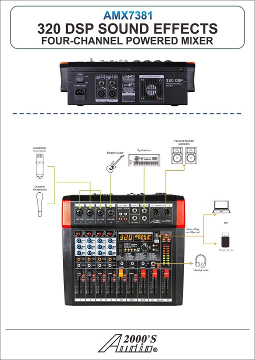 Mezclador de Audio Audio2000'S AMX7381 de Cuatro Canales con 320 Efectos de Sonido DSP, Sub Salida Estereo con Control de Nivel de Sub-Salida, Faders de Control de Nivel en Todos los Canales, y Interfaz USB/Computadora - Imagen 5
