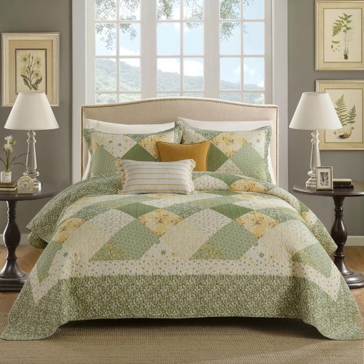 Colcha de Cama Acolchada de Algodon 100% de Gran Tamano 128"x120", Ligera Colcha Extra Grande para Cama King de California, Cubrecamas Reversible Acolchado, Juego de 3 Piezas, Verde