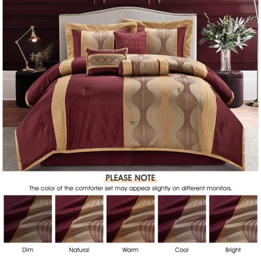 Juego de Edredon LANCO MODERN LIFESTYLE Queen, Vino Oro, 7 Piezas con Sabana, Jacquard Ultra Suave con Piezas Solidas, Juego de Lujo con Edredones, Falda de Cama, Fundas de Almohada y Cojines Decorativos - Imagen 3