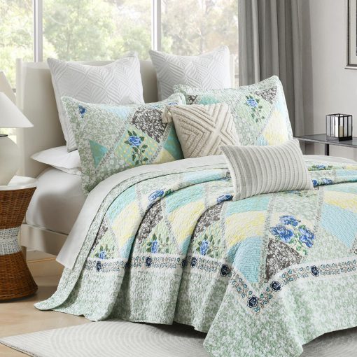 Colcha extragrande Finlonte 120x120 pulgadas - Colcha de algodon California King al 100%, Colcha extra grande, Colcha de retales de granja, Colcha acolchada reversible ligera, Juego de ropa de cama, Verde/Azul