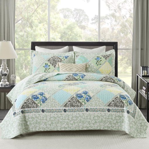 Colcha extragrande Finlonte 120x120 pulgadas - Colcha de algodon California King al 100%, Colcha extra grande, Colcha de retales de granja, Colcha acolchada reversible ligera, Juego de ropa de cama, Verde/Azul - Imagen 3