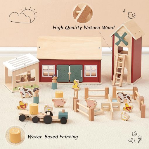 Juego de Juguetes de Granja de Madera PairPear, Granja de Juguete Roja para Niños con Figuras de Animales de Granja y Tractor, Juguetes de Aprendizaje Educativos para Niñas y Niños de 3+ - Imagen 6