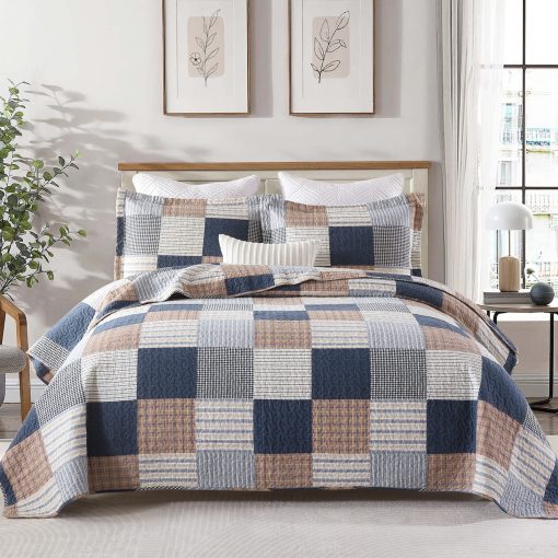 Juego de Edredon Queen Y-PLWOMEN, Edredon Queen de Algodon 100%, Edredon de Cuadros Queen Navy Brown White, Edredon Reversible Suave Queen Tamaño para Todas las Estaciones, 3 Piezas