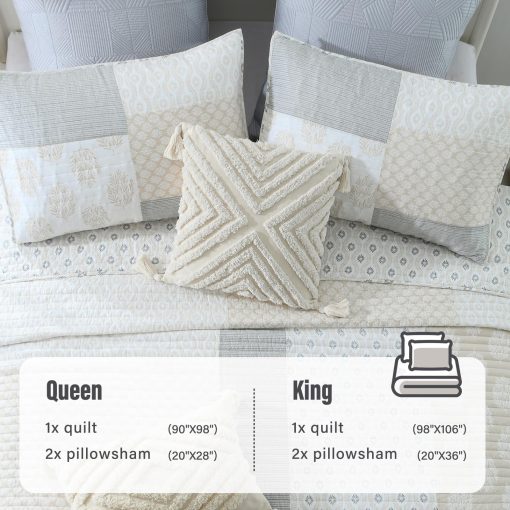 Edredon King Floral para Mujeres - Juego de 3 Piezas de Edredon 100% Algodon Ligero, Colcha Reversible King, Mantas Suaves para Todas las Estaciones, Moonbeam/Blanco/Gris - Imagen 5