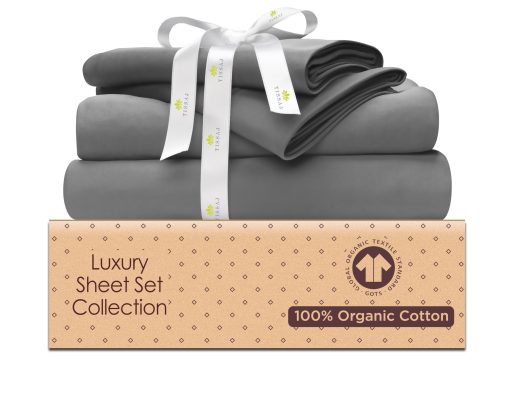 Juego de sabanas de algodon organico Tissaj tamano queen - Gris Ahumado - Certificado GOTS - Calidad de lujo duradera - Bolsillos extra profundos y ajuste seguro - Ropa de cama premium - Tejido de saten - con bolsa de transporte - Juego de 4