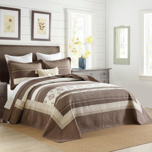 Colcha de cama de algodon 100% tamano Queen extragrande - 102"x120" Juego de colchas reversible con estampado a rayas marron, edredon ligero, cubrecamas transpirable de estilo campestre, marron/beige - Imagen 2