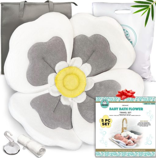 Flor de Bano para Bebe para Fregadero - Banera de Flor para Bebe Organica de 5 Piezas - Flor de Bano para Bebe que se Adapta a la Banera para Bebe - Mas Soporte para Recien Nacidos - Alfombra de Bano de Flor de Loto para Nino o Nina (Gris)