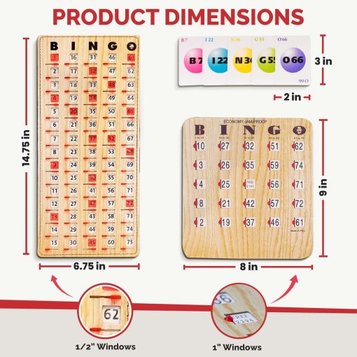 Tarjetas de Bingo MR CHIPS a Prueba de Atascos con Ventanas Deslizantes, 50 Tarjetas de Bingo Reutilizables, 75 Tarjetas de Llamado de Bingo, 1 Tablero Maestro de Bingo en Estilo Madera de Grano de Madera de Granate - Imagen 6
