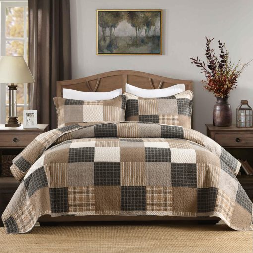Edredon a cuadros tamano King de SOElinens - Edredon de cabana de patchwork rustico en tonos gris, marron y beige 100% algodon, Set de edredones ligeros para cama Queen, Juego de ropa de cama para todas las estaciones