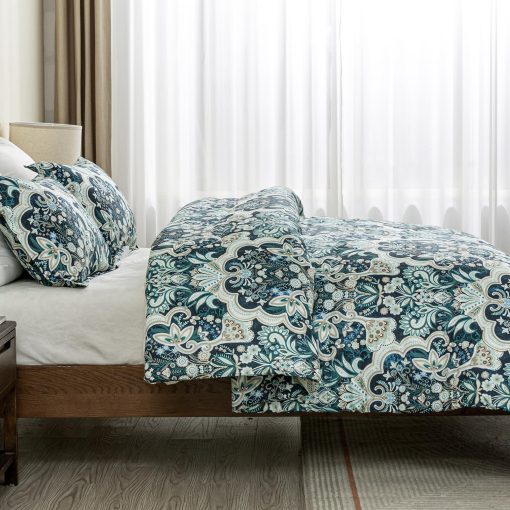 Juego de Edredon Queen Finlonte Damask, Edredon de Algodon 100%, Juego de Cama de Edredon Floral Paisley, Edredon de Lujo etnico Tamano Queen, Edredon Acolchado Suave Ligero Todo el Ano, Azul Marino/Taupe