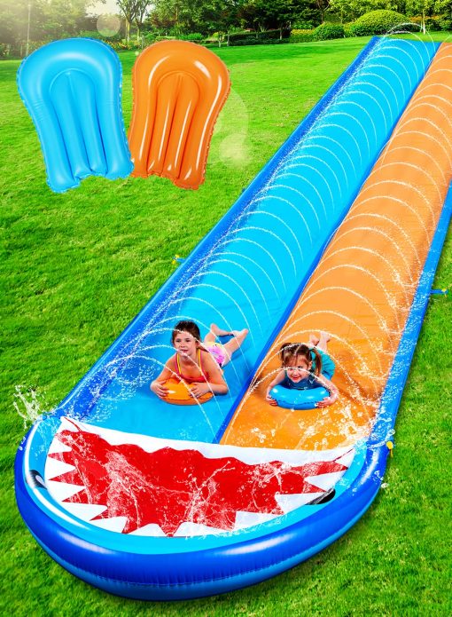 Resbaladilla de Agua Doble de Tiburon Sloosh de 22.5ft, Resbaladilla de Jardin Resistente con Rociador y 2 Tablas Inflables para Fiesta en el Verano en el Patio al Aire Libre