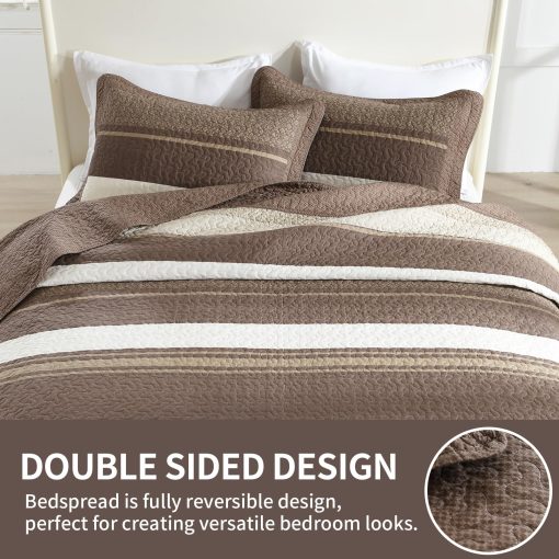 SahSahCasa Colcha Edredon de Reina de 120"x102" 100% Algodon, Juego de Colcha, Edredon Extra Grande, Cobertor de Cama XL, Relleno Ligero, 3 Piezas, Beige/Marron Oscuro - Imagen 8