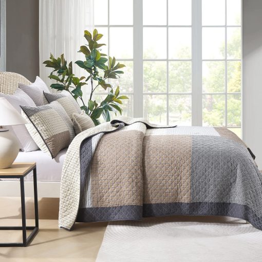 Juego de Ropa de Cama PERHOM - Edredon Ligero Queen 100% Algodon, 3 Piezas Colcha/Cubrecama a Cuadros de Estilo Granja, Marron Beige Gris, Todas las Estaciones, Queen (98"x90") - Imagen 3
