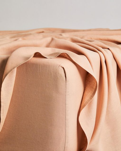 Sabana Ajustable de Lino Bed Threads - 100% Lino Frances - 170 GSM - Lujo y Eco-Amigable - Transpirable, Duradero y Suave - Solo Sabana Ajustable Individual - Lavable a Maquina - Tamano Completo - Terracota