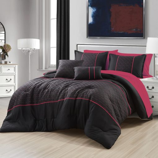 Set de Edredon de 9 Piezas ESCA Negro Rosa, Juego de Sabanas, Ropa de Cama - Tamaño Cal King