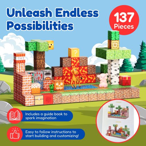 Early Edu Central 137PCS Juego de Bloques de Construccion Magneticos - Juguete Magnetico STEM Set Sensorial con Figuras de Animales y Folleto - Cubo Magnetico de 1" para Niños y Niñas, Juego de Bloques Magneticos Basado en Juegos para Niños de 3-9 - Imagen 2