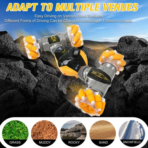 AGNEVE Coches RC Control Remoto por Gestos con Luz Musica 1:12 Coche Rc Controlado a Mano 2.4GHz 4WD Coche de Acrobacias Rc por Gestos Doble Cara Rotacion de 360? Vehiculo Todo Terreno para Ninos Ninas (Amarillo, Profesional) - Imagen 5