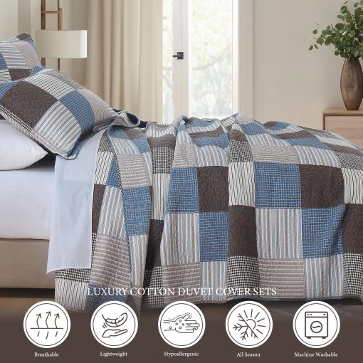Juego de Edredon a Cuadros Uniclinens Tamaño King, Set de Edredon de Patchwork de Algodon 100%, Edredon Ligero Reversible de Granja, Conjunto de 3 Piezas con 2 Fundas de Almohada, Azul/Marron/Blanco - Imagen 4