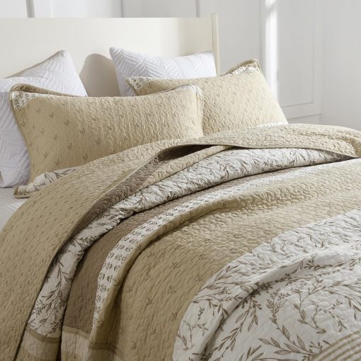 Colcha de cama extragrande California King de 100% algodon 128"x120", colcha de tamano King acolchada, cubrecama extra grande, edredon ligero de gran tamano, beige / gris / crema - Imagen 7