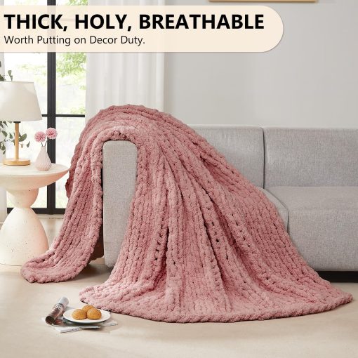 Manta de Punto Grueso L'AGRATY: 80''x90'' Manta de Punto Grueso de Chenilla para Cama Sofa - Manta de Punto Grueso Hecha a Mano - Manta de Ganchillo Gruesa para Decoracion del Hogar (Rosa) - Imagen 5