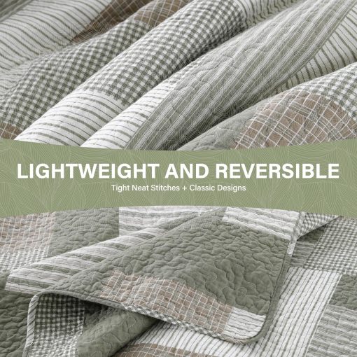 Juego de Colcha a Cuadros Uniclinens para Cama Queen, Colcha Verde Patchwork, Juego de Ropa de Cama 100% Algodon, Edredon Ligero de Estilo Rustico, Juego de 3 Piezas con 2 Fundas de Almohada, Verde/Marron/Beige - Imagen 7
