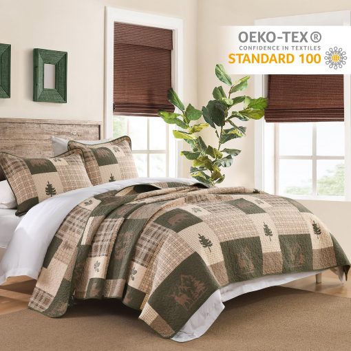 Edredon Queen Size Finlonte, 100% Algodon Edredon Cabana Queen, Juego de Edredon de Cabana de Granja Queen, Colcha Reversible Ligera para Todas las Estaciones, Marron/Verde Grisaceo/Beige - Imagen 3